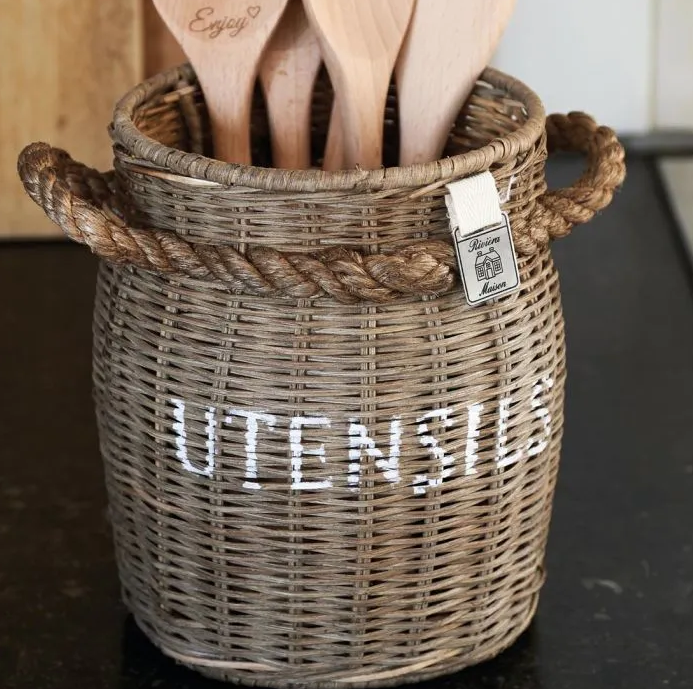 Rustic Rattan Utensils Pot