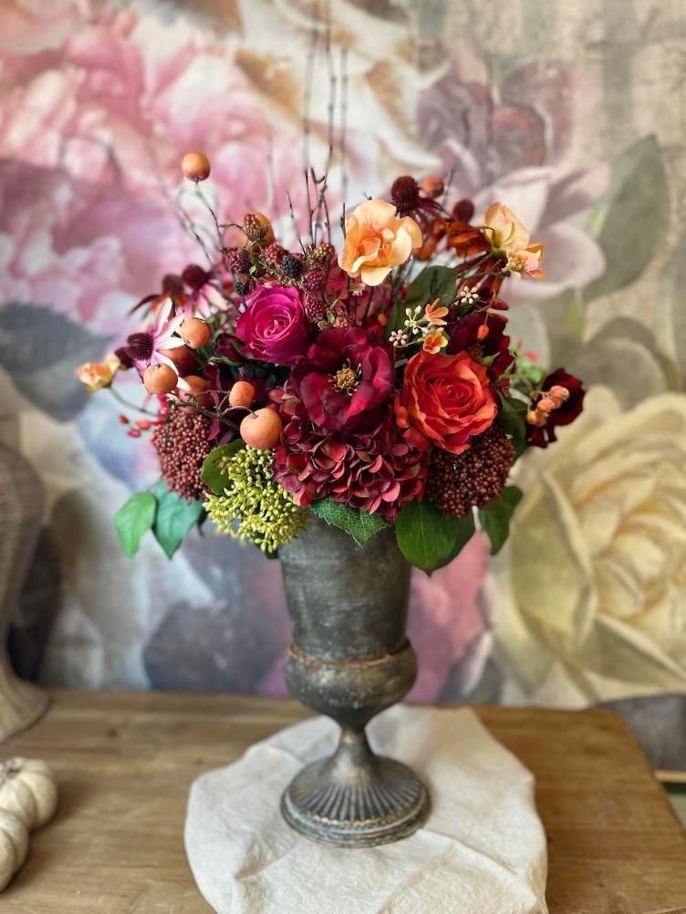 Seidenblumen Herbstbouquet dramatisch rot/pink - 1