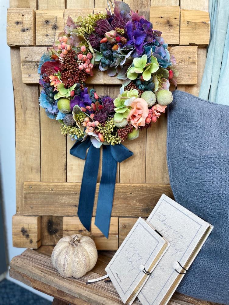 Seidenblumen Herbstkranz blau/coral - 1