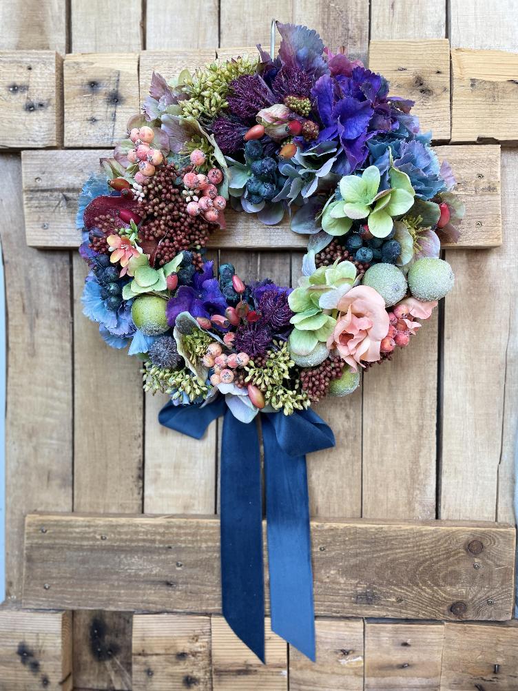 Seidenblumen Herbstkranz blau/coral - 0
